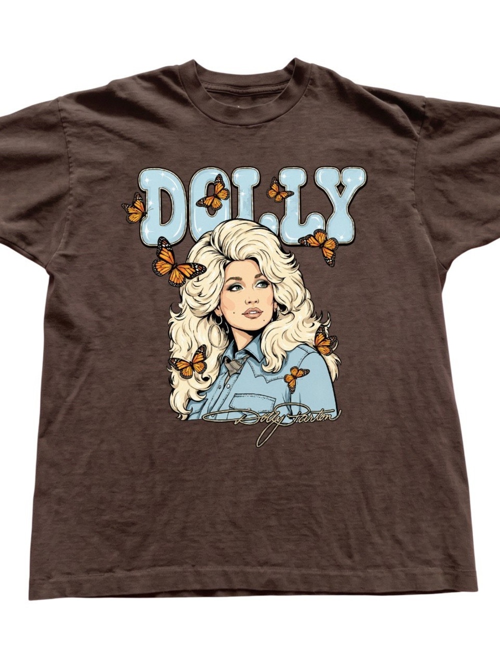 Gildan Brown Dolly Graphic Tee with Blue and Orange Accents